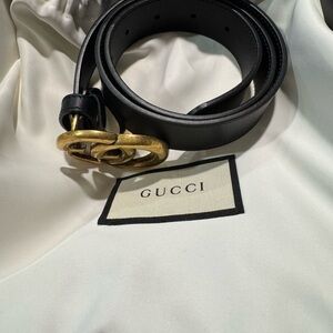 Gucci Black Leather Belt with Gold Logo Buckle
